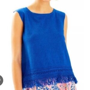 Lilly Pulitzer Edenwood Fringe Blue Linen Cotton Knit Top Size Large